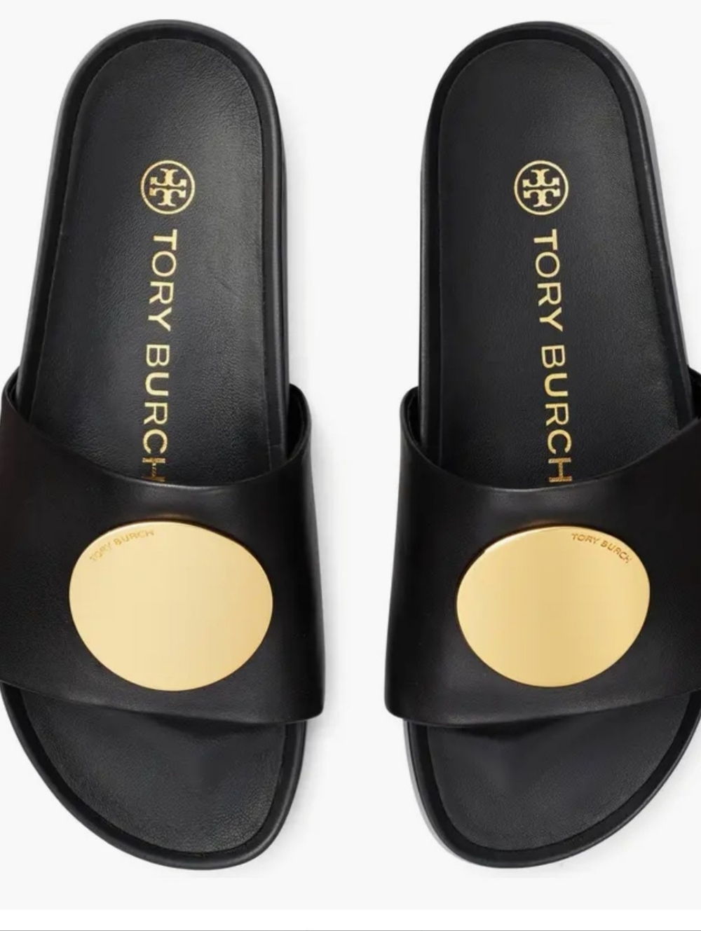 Tory Burch Black Slide Sandals with Gold Medallion - Picture 1 of 16